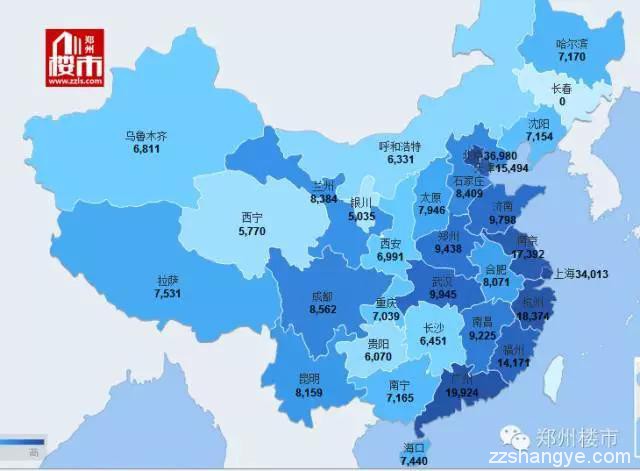 2015.8月全国住宅房价榜：郑州9438元/涨76元